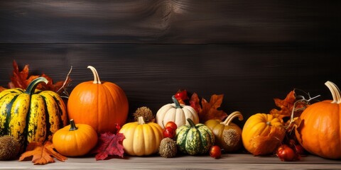 Harvest of collected colorful pumpkins of different sizes with autumn leaves on a dark background. Concept for celebrating harvest, thanksgiving day.
