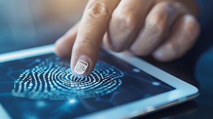 Poster - Businessman using tablet and fingerprint scanning unlock and access to business data network Biometric identification and cyber security protect business transaction from online digita : Generative AI
