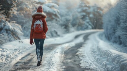 Wall Mural - Woman Walking Through Snowy Forest Path at Sunset