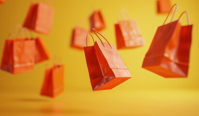 Wall Mural - Orange Shopping Bags Floating in Mid-Air Against a Yellow Background