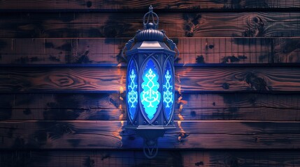 blue neon vintage medieval lamp on wooden house wall