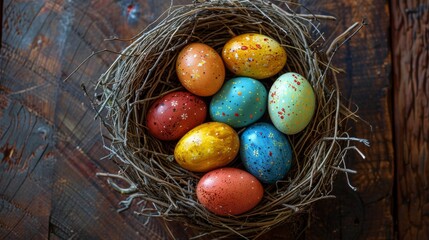 Colorful Easter Eggs Nestled in a Birds Nest on a Wooden Surface