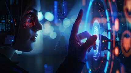 Poster - Biometric security system identification businesswoman scanning fingerprint to access authentication personal financial data cyber security concept : Generative AI