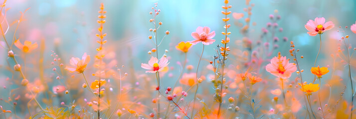 Wall Mural - field with pink and orange flowers in a blurred image