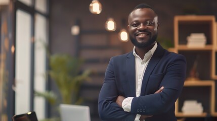 Leinwandbilder - Portrait of smiling african businessman standing in office with crossing hands : Generative AI