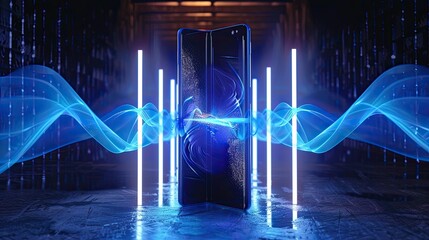 A photorealistic image of a foldable smartphone with visible 3D sound waves emanating from it, set against a backdrop featuring two neon blue tubes. 