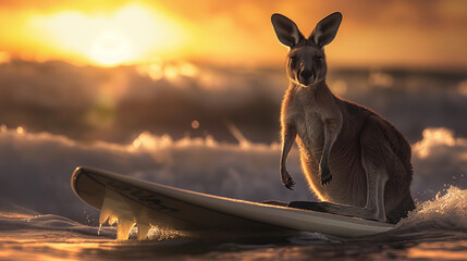 Wall Mural - A kangaroo is standing on a surfboard in the ocean. A cute baby animal. A cute baby animal with a pink nose is peeking out from behind a white wall. The image has a playful and lighthearted mood,