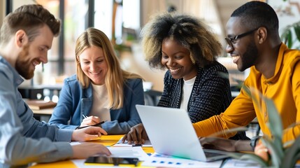 Leinwandbilder - Smiling group of diverse businesspeople going over paperwork together and working on a laptop at a table in an office : Generative AI