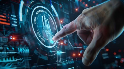 Leinwandbilder - businessman scan fingerprint biometric identity and approval concept of the future of security and password control through fingerprints in an immersive technology future and cyberneti : Generative AI