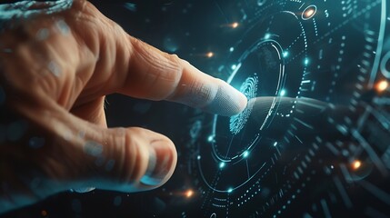 Poster - Man using thumb to scan finger print or for digital processing  biometric identification  to access  security system includes internet banking cloud system and mobile phone  Cyber secu : Generative AI