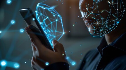 Leinwandbilder - Facial recognition biometric security system cyber security network technology data protection concept Man using mobile phone with face scanning unlocked to access personal data and ne : Generative AI