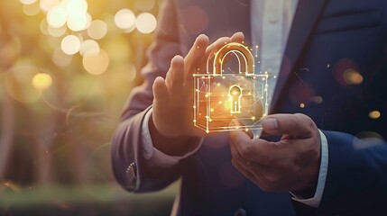 Poster - Cyber security and data protection businessman holding padlock Internet network security system protecting business and financial transaction data from cyberattacks secure data encrypt : Generative AI