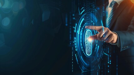 Leinwandbilder - Businessman access scan fingerprint biometric identity and approval Secure access granted by valid fingerprint scan cyber security on internet cybernetic business concept : Generative AI
