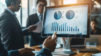 Aufkleber - Conference Business Meeting Presentation CEO Businessman Shows Data to Group of Investors Businessspeople Projector Screen Shows Graphs Product Sales Revenue Growth Strategy eCommerce  : Generative AI