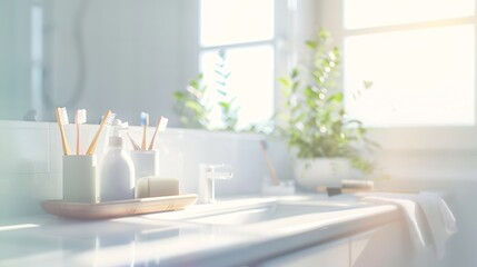 Aufkleber - Table with toothbrushes and soap inside a bright defocused bathroom : Generative AI