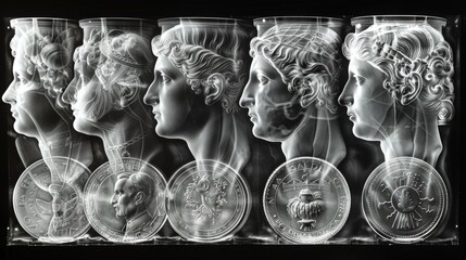 Canvas Print - X-ray scan of a collection of antique coins, showcasing the designs and markings.