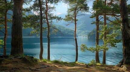 Wall Mural - Beautiful landscape view of pine forest tree and lake view of reservoir.