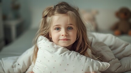 Poster - Small adorable girl holding a pillow