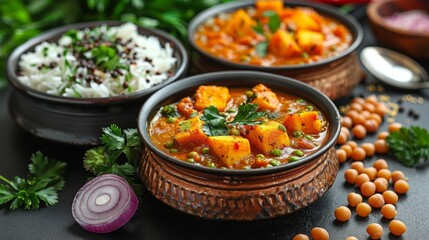 Wall Mural - A vibrant display of Indian cuisine with basmati rice, garnished with sesame seeds and parsley