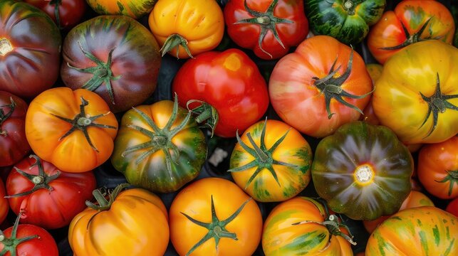 Assorted heirloom tomatoes in different colors and patterns, creating a colorful background
