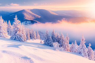 Impressive winter morning in Carpathian mountains with snow covered fir trees. Colorful outdoor scene, Happy New Year celebration concept.