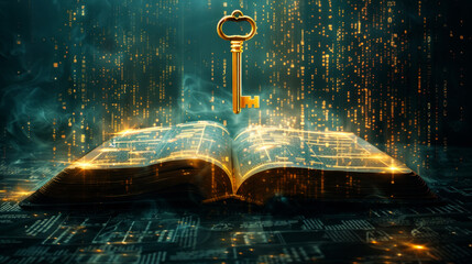 Poster - Open book and key on abstract digital background, modern problem solution