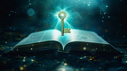 Poster - Open book and key on abstract digital background, modern problem solution