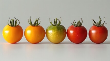 Wall Mural - Close-up of tomatoes in different stages of ripeness, providing a gradient of colors