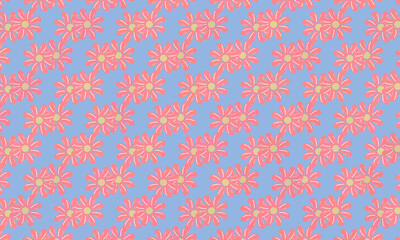 Graphic of pink flowers arranged in sets of 2, arranged in diagonal rows. on a blue background