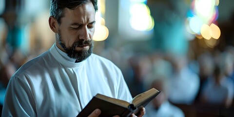 Christian minister guides congregation in prayer reads Bible offers comfort and hope. Concept Christian Ministry, Prayer, Bible Reading, Comfort, Hope