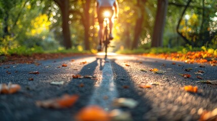 A person is riding a bicycle down a path with leaves on the ground