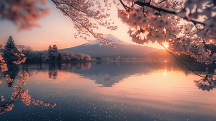 Wall Mural - Beautiful sunrise over Mount Fuji with cherry blossoms in full bloom in Japan, showcasing stunning spring scenery.