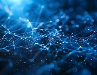 Abstract blue background with glowing connections and lines forming a network structure, in the style of technology concept
