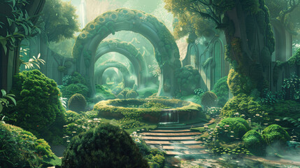 Wall Mural - A lush green forest with a stone fountain in the middle