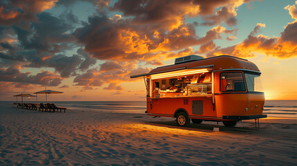 Orange Food Truck Parked on Sandy Beach at Sunset