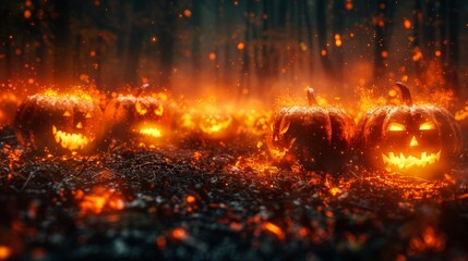 An atmospheric Halloween-themed image showing lit jack-o'-lanterns in a dark, enchanted forest