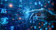 © paramee - AI concept with icons and circuitry above a hand, representing artificial intelligence in business, on a dark blue background.