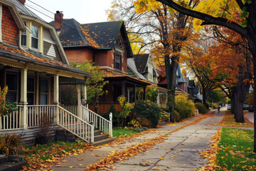 Sticker - A street with houses and trees in autumn