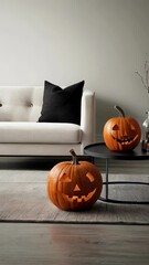 Wall Mural - Elegant Halloween decor with pumpkins in a minimalist living room. Modern and stylish Halloween setup. Concept of festive interior design, spooky holiday. Vertical