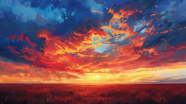 A painting of a sunset with a large orange and red sky