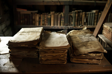 Poster - Three stacks of old books sit on a table