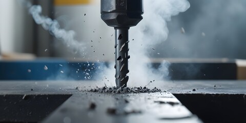 A metal drill bit drilling into a surface , creating smoke and shavings