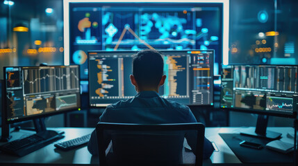 A man is sitting in front of a computer monitor with multiple screens