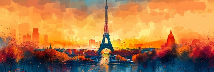 Silhouette Paris city with Eiffel Tower painted with splashes of watercolor drops streaks landmarks in pink with orange tones. Horizontal banner