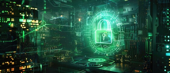 Abstract digital security concept with futuristic lock icon, illustrating cyber protection and technology innovation in a green holographic space.