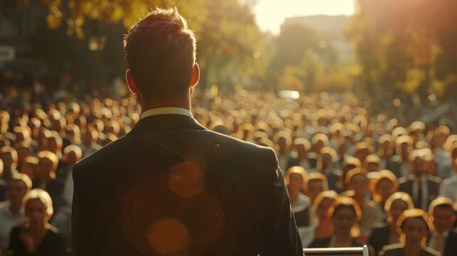 Back view of a man in a suit addressing a large audience outdoors during sunset, emphasizing public speaking and leadership.