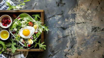 Sticker - Wooden Food tray Healthy salad with boiled egg and rice berry for lunch Brunch time Delicious food Scandinavian style Homemade food The best meal of the day dining table setting Scandi : Generative AI