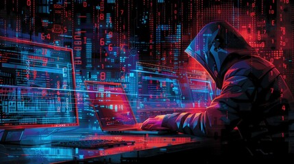 A computer hacker commits crimes in the digital world. Displaying real programming scripts codes and hacking tools. Malware concept. Hacker background.