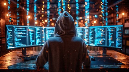 A computer hacker commits crimes in the digital world. Displaying real programming scripts codes and hacking tools. Malware concept. Hacker background.