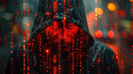 A computer hacker commits crimes in the digital world. Displaying real programming scripts codes and hacking tools. Malware concept. Hacker background.